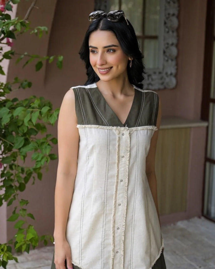 Cream Olive Green Buttoned Flex Cotton Co-ord Set