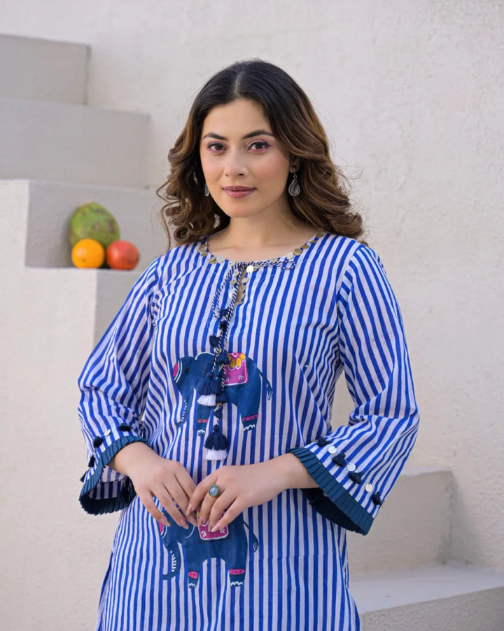Royal Blue White Striped Elephant Hand Painted Cotton Co-ord Set