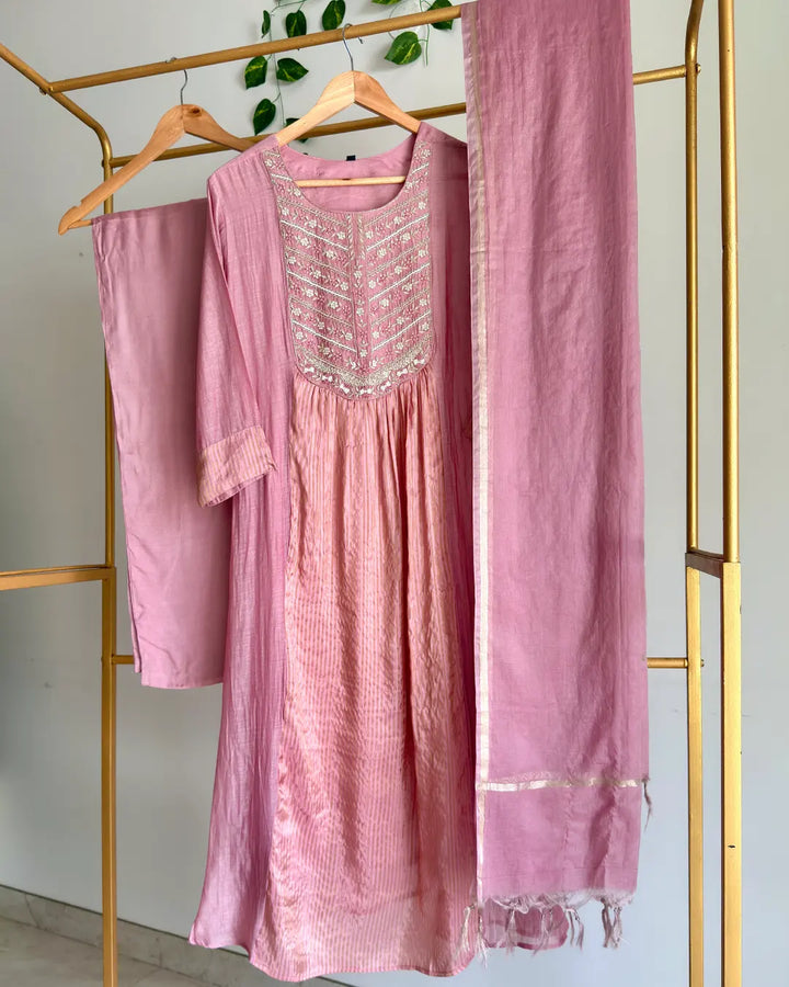 Pure Banaras Chanderi Dusty Mauve With HO Silk and Intricate Yoke Suit
