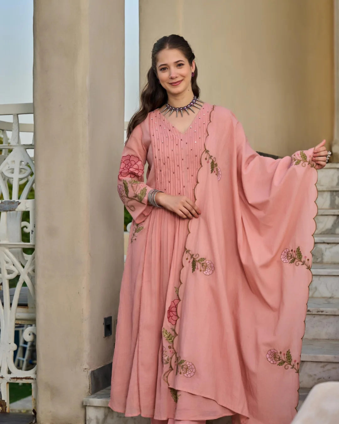 Dusty Pink Floral Embroidered Pleated Semi Anarkali Suit