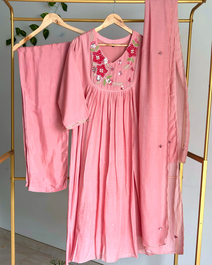 Dusty Pink Pure Banaras Chanderi Applique &amp; Mirror Embroidered Suit