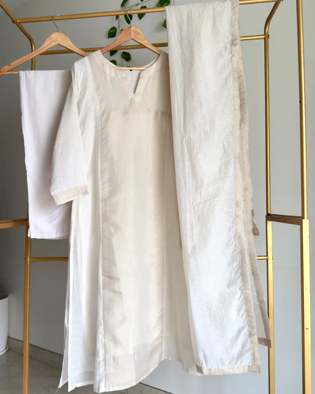 Ivory Banaras Chanderi Golden Striped A-Line Suit