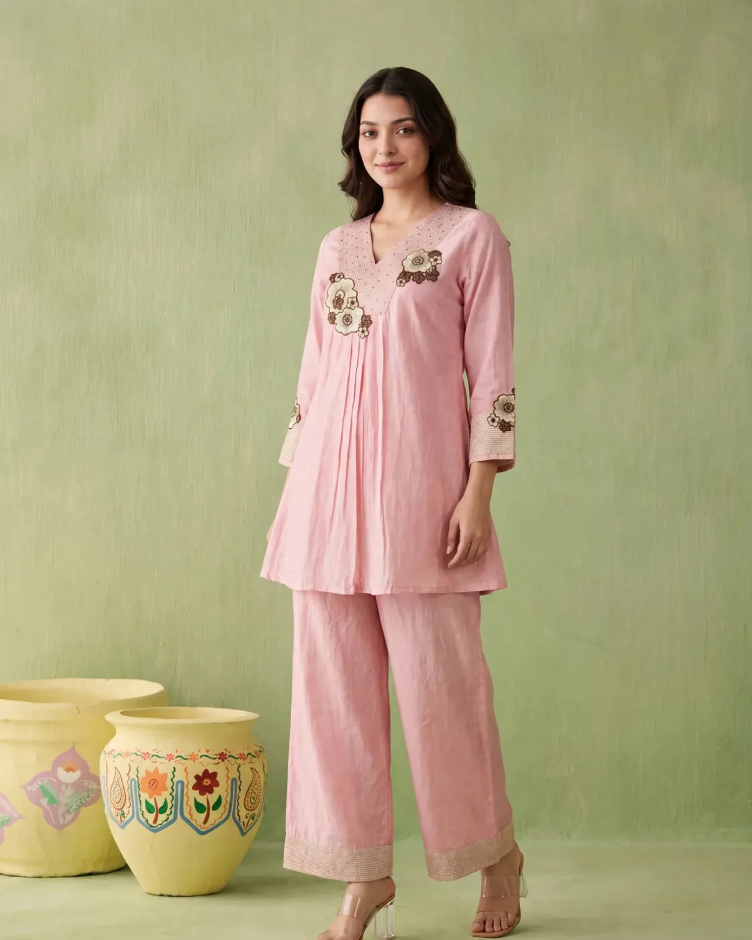 Light Pink Linen Chanderi Floral Applique Co-ord Set