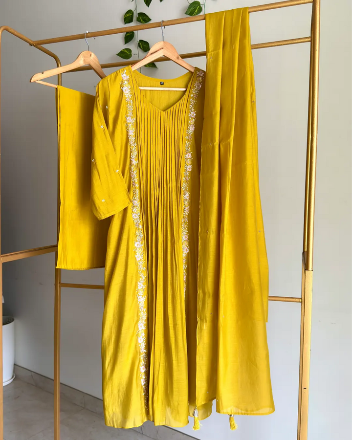 Mustard Yellow Sequined 3D Flower Pleated Suit