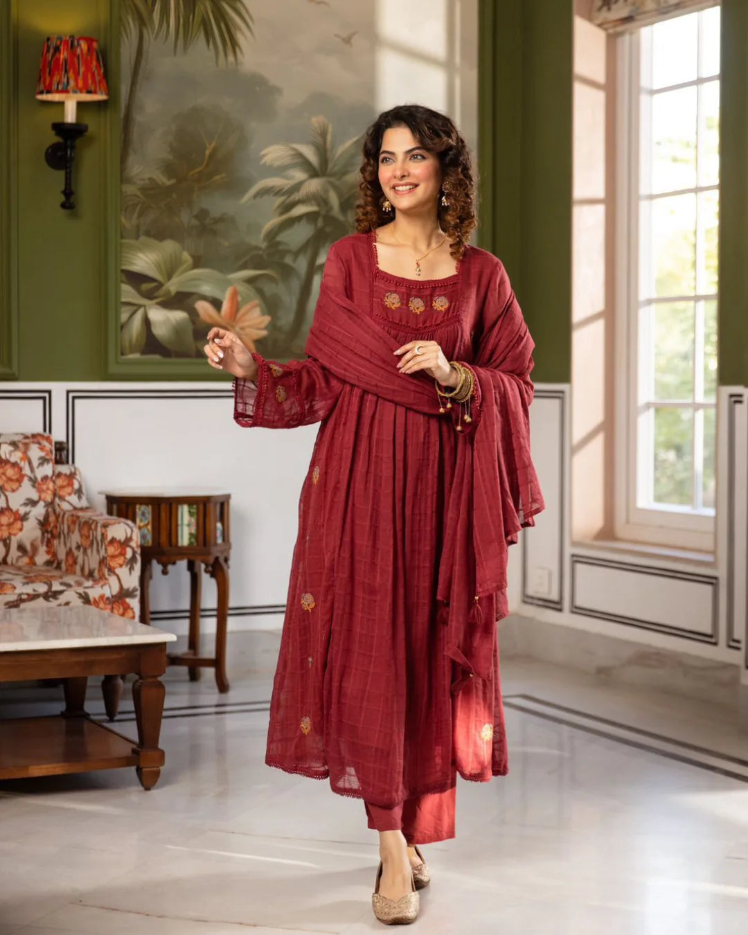 Wine Maroon Cross Stitch Embroidery A-Line Suit