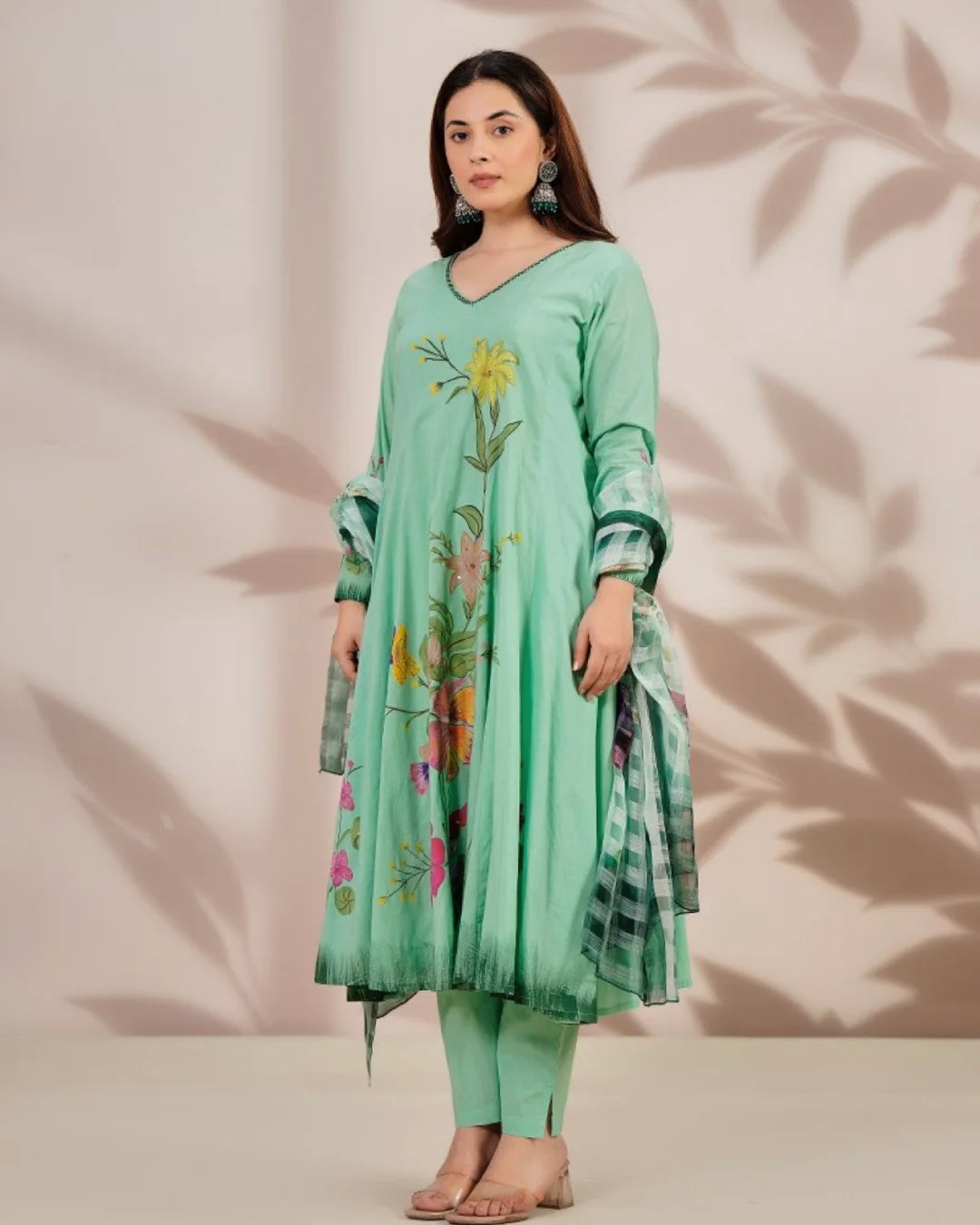 Mint Green Floral Hand Painted Shoulder Anarkali Suit