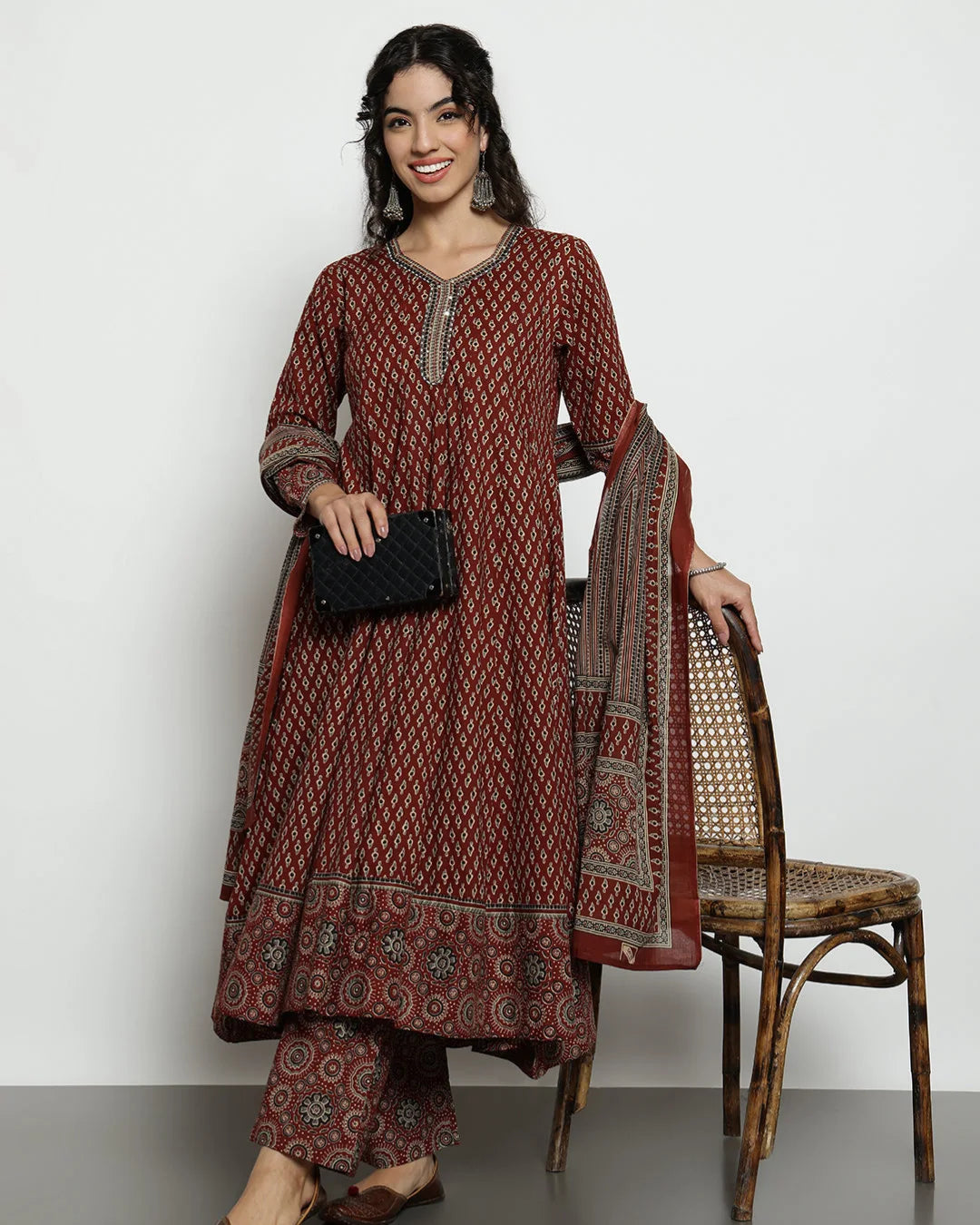 Maroon Ajrakh Printed Panelled Anarkali Suit