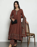 Maroon Ajrakh Printed Panelled Anarkali Suit