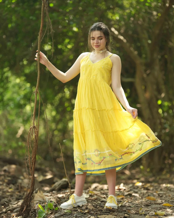 Lemon Yellow Pure Cotton Jamdani Strappy Tiered Dress