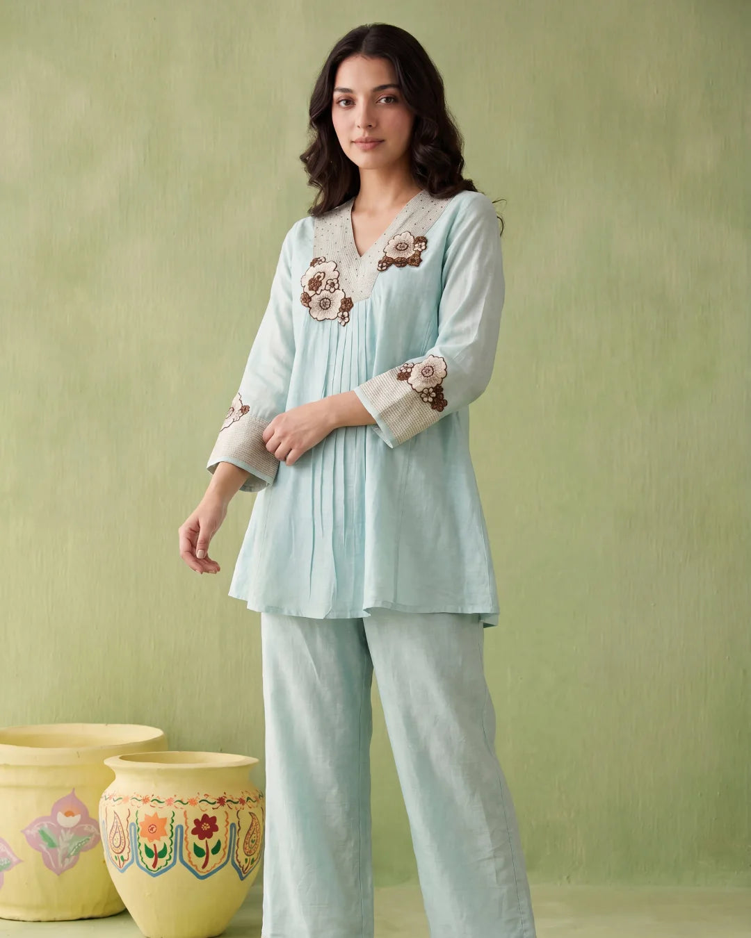 Pastel Aqua Linen Chanderi Floral Applique Co-ord Set