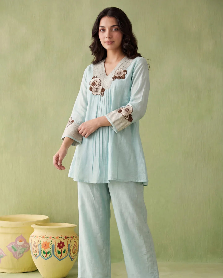 Pastel Aqua Linen Chanderi Floral Applique Co-ord Set