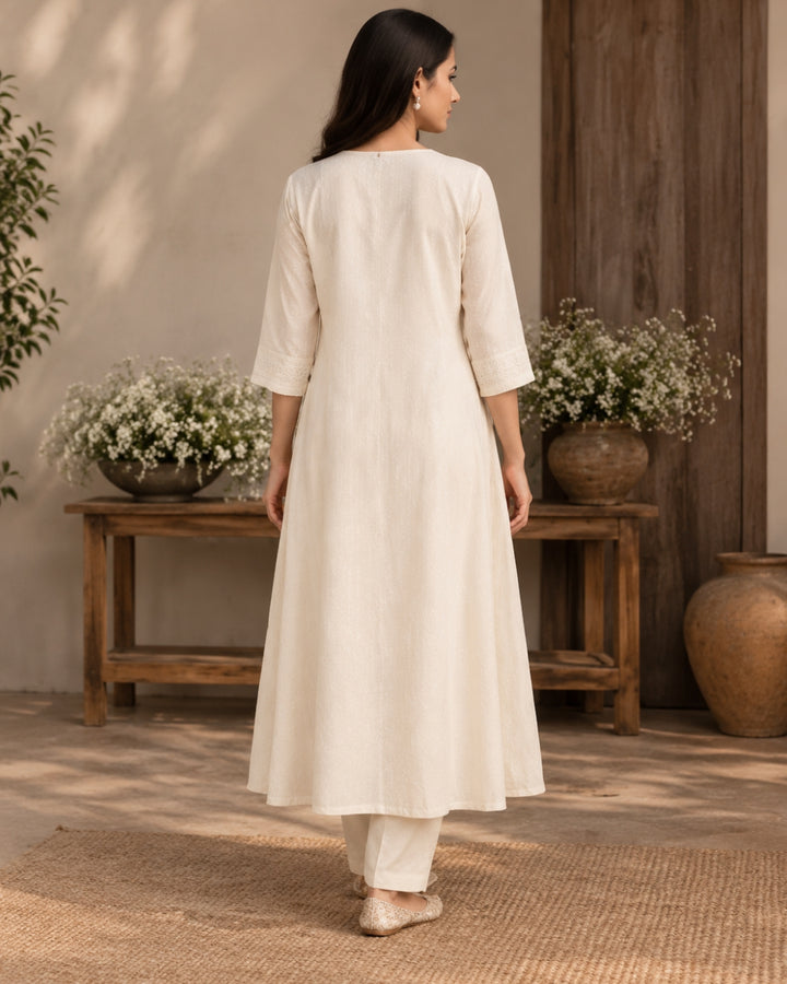 Cream Cotton Embroidered Coord Set With Shrug