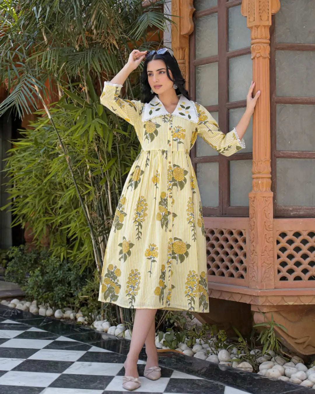 Butter Yellow Striped A-line Dress with Peter Pan Collar