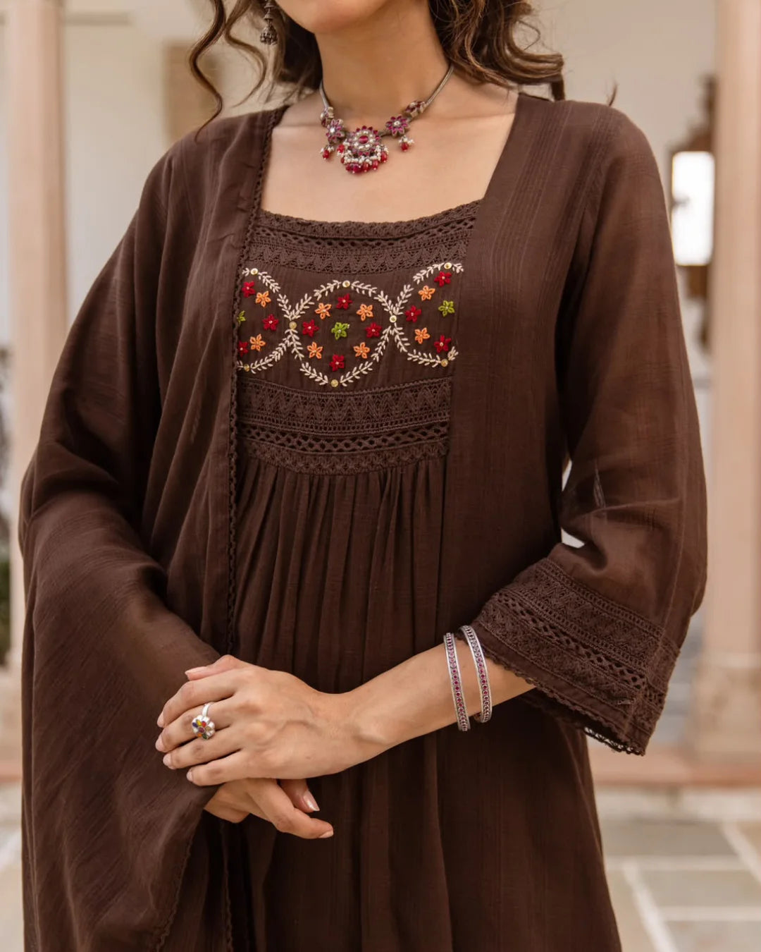 Dark Chocolate Brown Floral Embroidery Mul Kota Suit Set