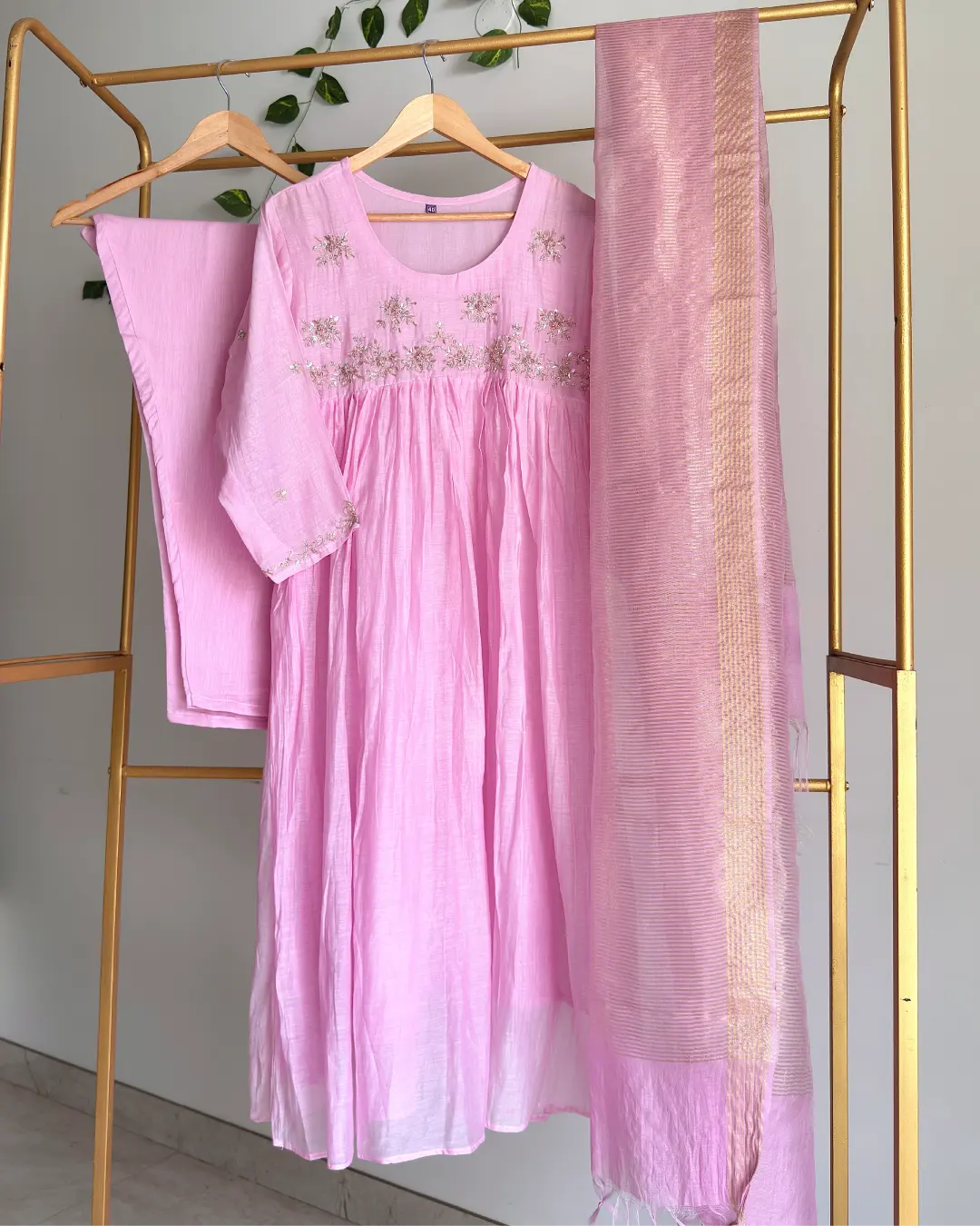 Baby Pink Pure Banaras Chanderi Frock Type A-Line Handworked Suit