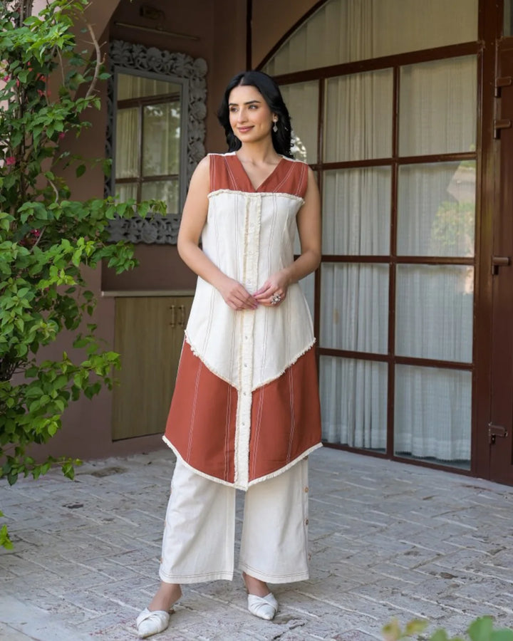 Cream Brick Red Buttoned Flex Cotton Co-ord Set