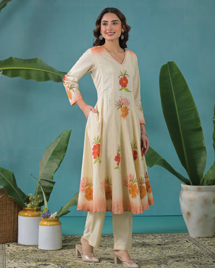 Cream Beige Floral Hand Painted Flared Anarkali Suit