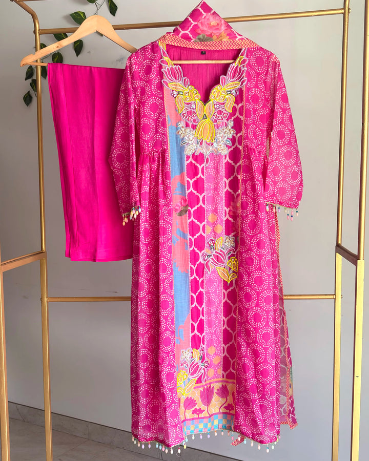 Coral Pink Chanderi Crystal Drop Suit