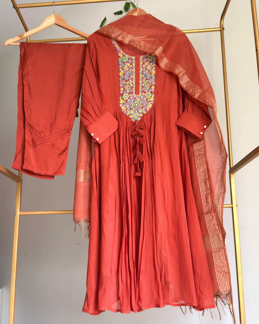 Pure Banaras Chanderi Terracotta Rust 3D Handworked Suit