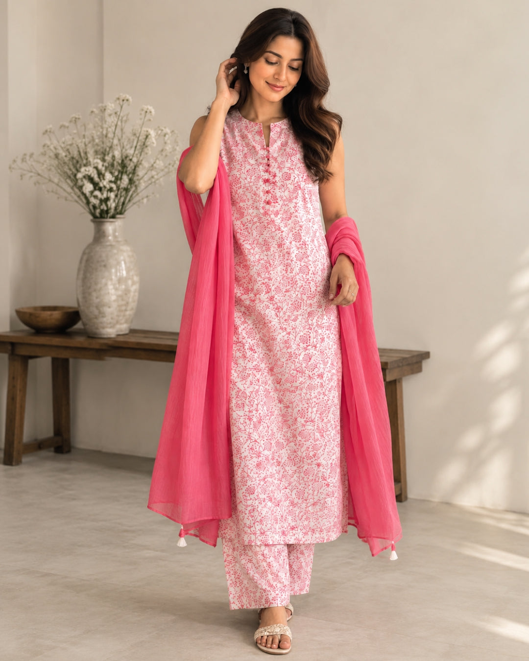 White Pink Floral Printed Cotton Suit with Kota Dupatta