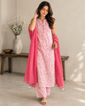 White Pink Floral Printed Cotton Suit with Kota Dupatta