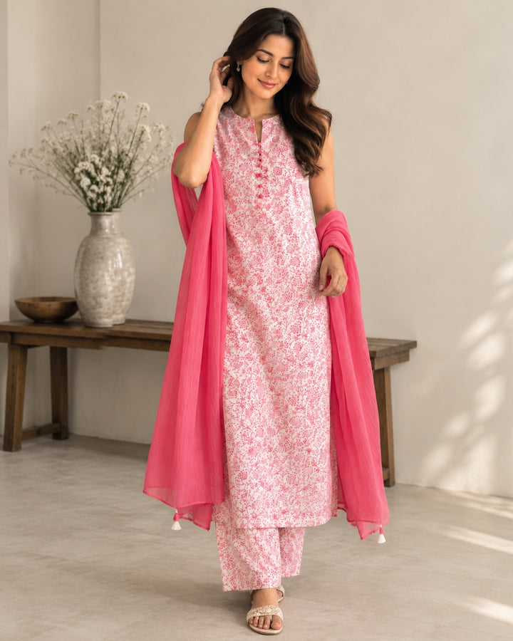 White Pink Floral Printed Cotton Suit with Kota Dupatta