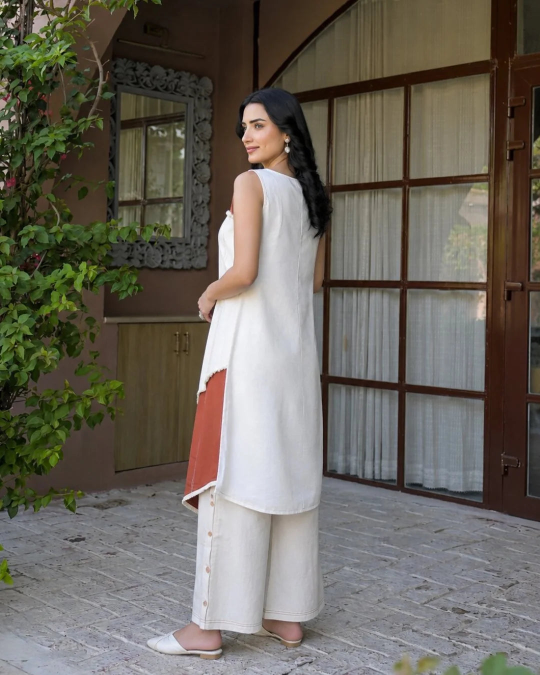 Cream Brick Red Buttoned Flex Cotton Co-ord Set
