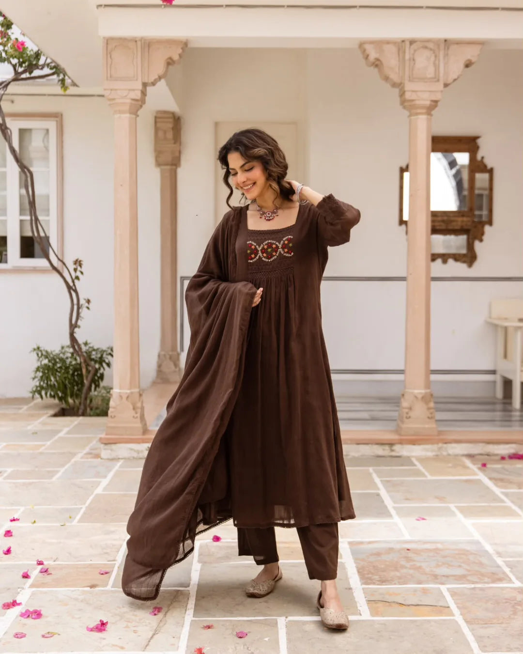 Dark Chocolate Brown Floral Embroidery Mul Kota Suit Set