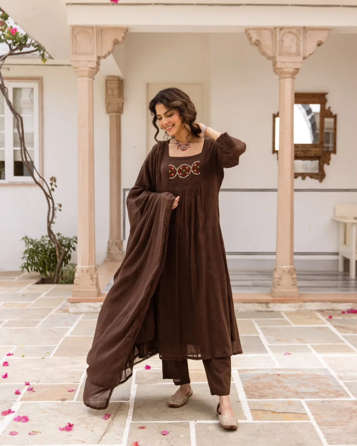 Dark Chocolate Brown Floral Embroidery Mul Kota Suit Set