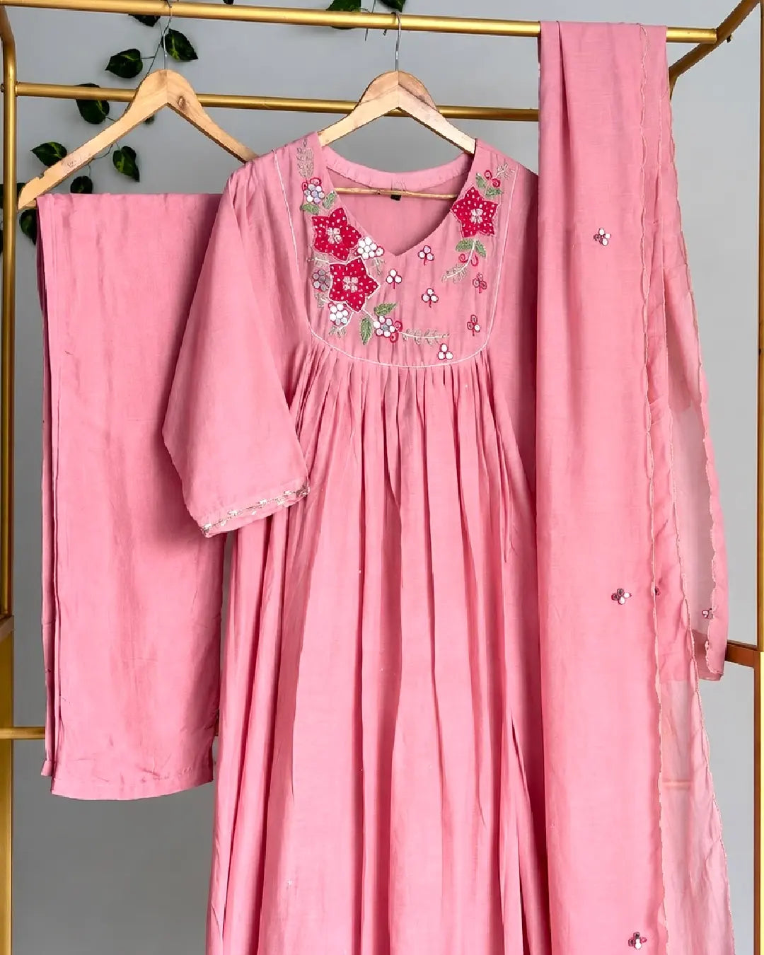 Dusty Pink Pure Banaras Chanderi Applique &amp; Mirror Embroidered Suit