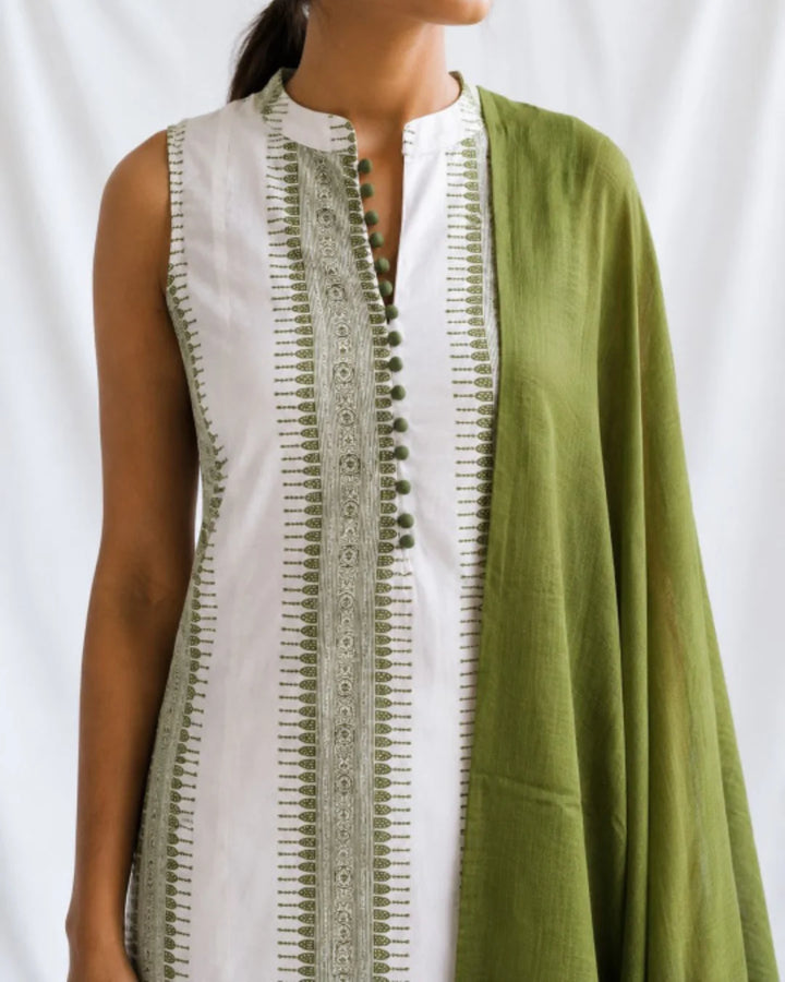 White Green Straight Cut Cotton Suit with Kota Dupatta