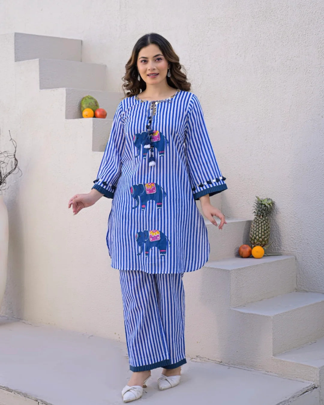 Royal Blue White Striped Elephant Hand Painted Cotton Co-ord Set