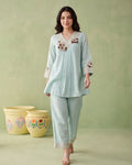 Pastel Aqua Linen Chanderi Floral Applique Co-ord Set