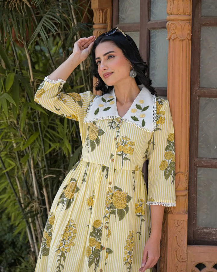 Butter Yellow Striped A-line Dress with Peter Pan Collar
