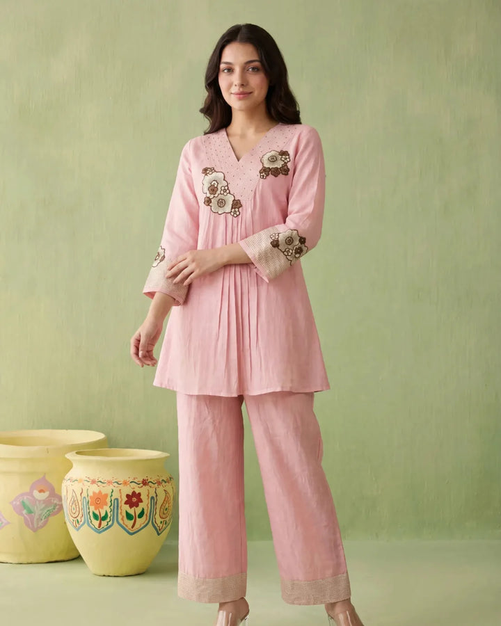 Light Pink Linen Chanderi Floral Applique Co-ord Set