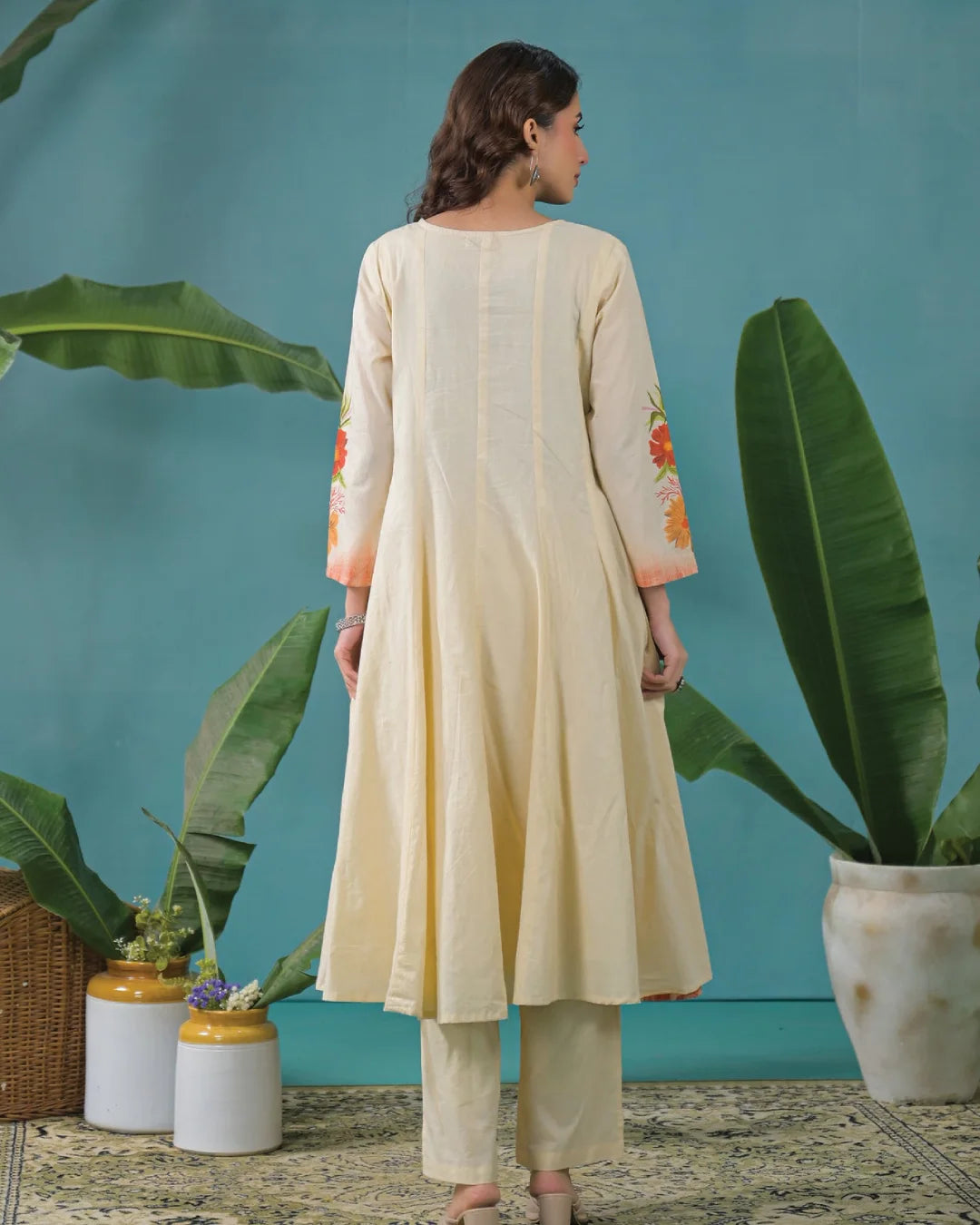 Cream Beige Floral Hand Painted Flared Anarkali Suit