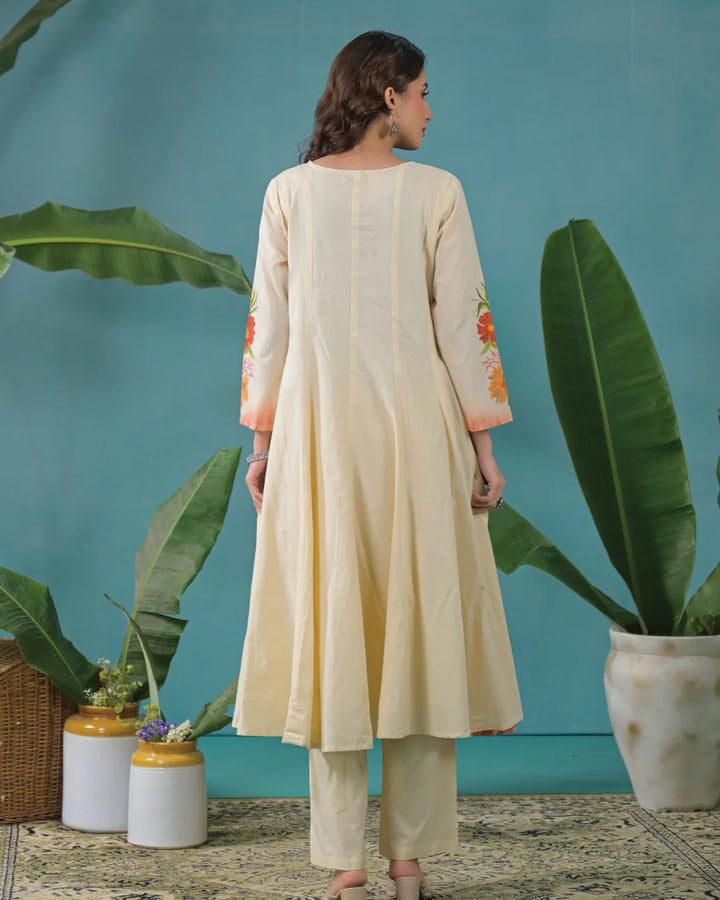 Cream Beige Floral Hand Painted Flared Anarkali Suit