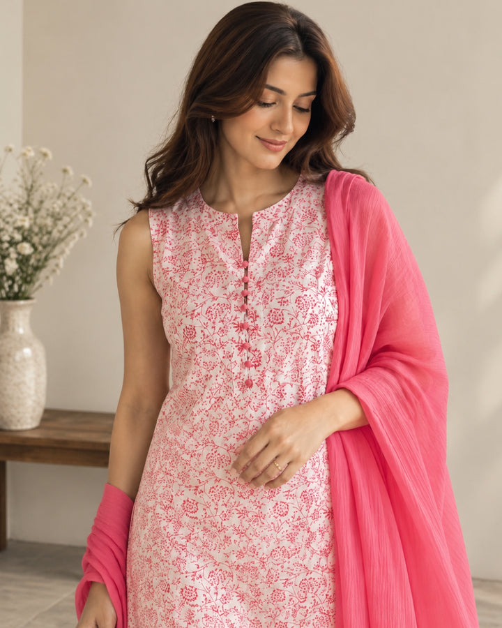 White Pink Floral Printed Cotton Suit with Kota Dupatta