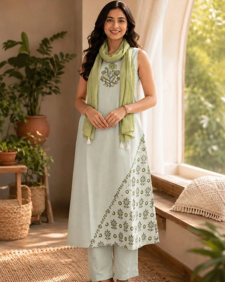 Pastel Mint Floral Block Printed Cotton A-Line Suit with Kota Dupatta