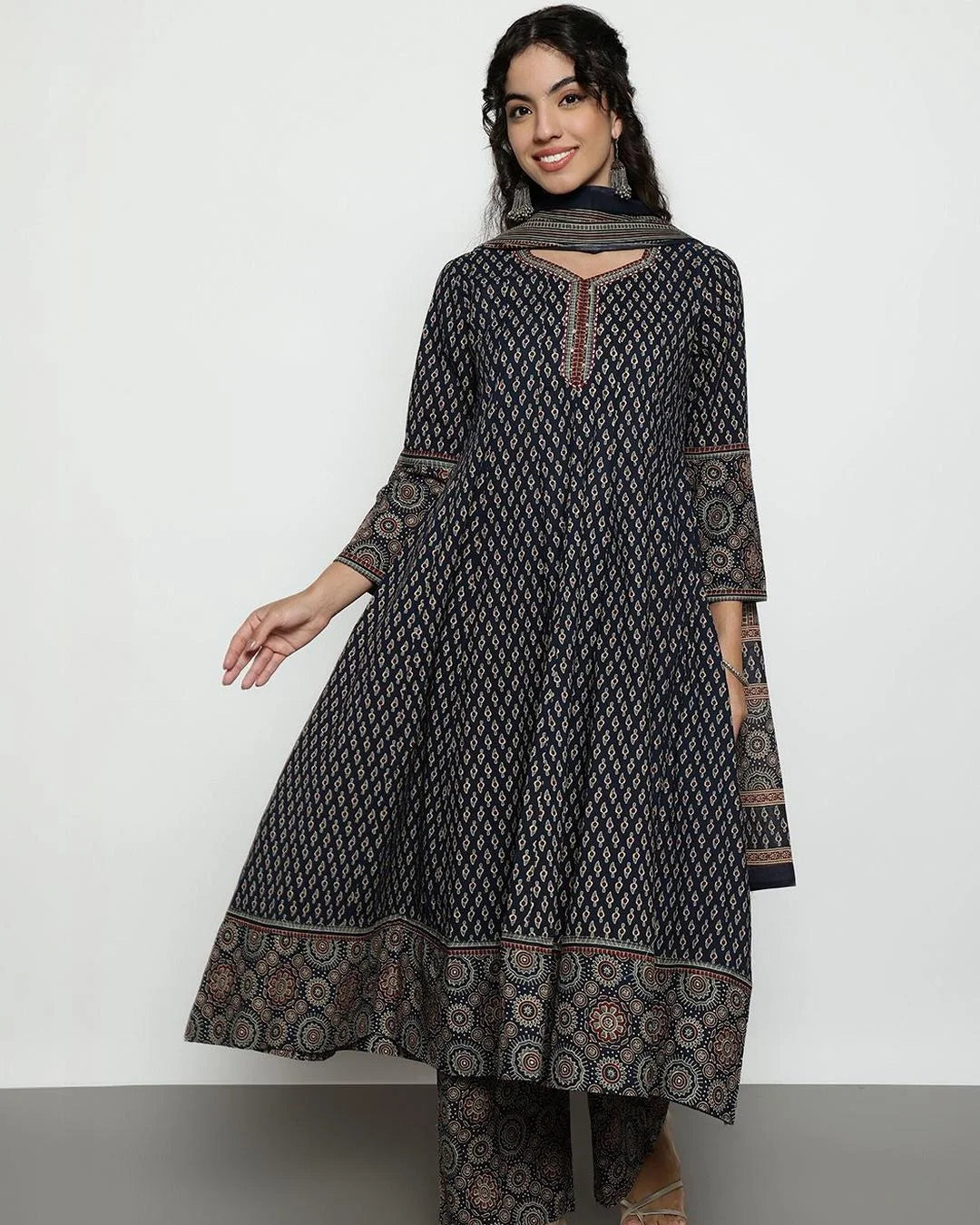 Navy Blue Ajrakh Printed Panelled Anarkali Suit
