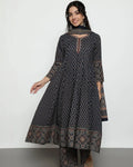 Navy Blue Ajrakh Printed Panelled Anarkali Suit