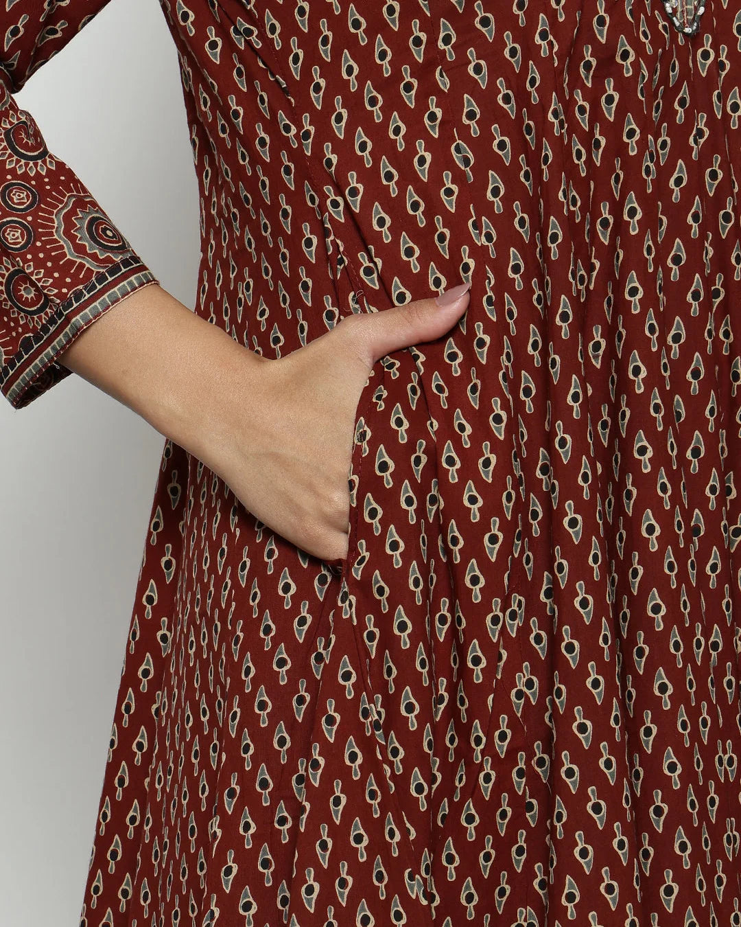 Maroon Ajrakh Printed Panelled Anarkali Suit