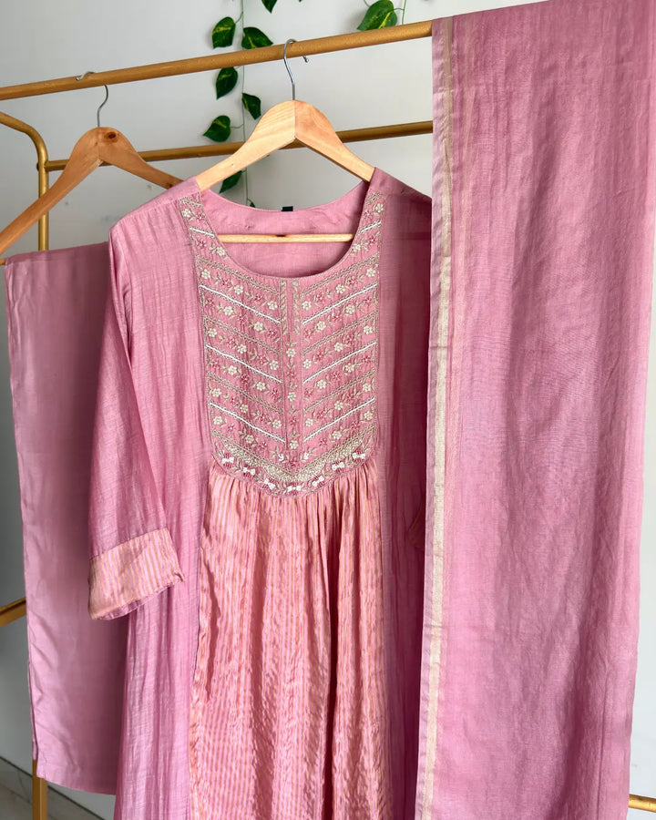 Pure Banaras Chanderi Dusty Mauve With HO Silk and Intricate Yoke Suit