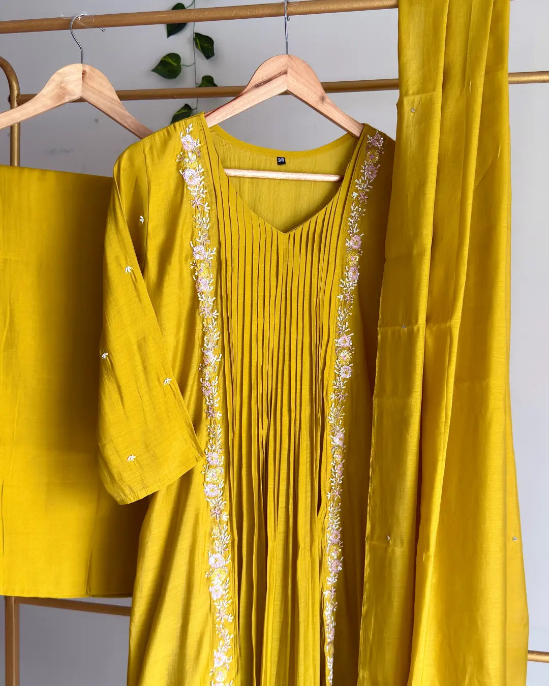 Mustard Yellow Sequined 3D Flower Pleated Suit