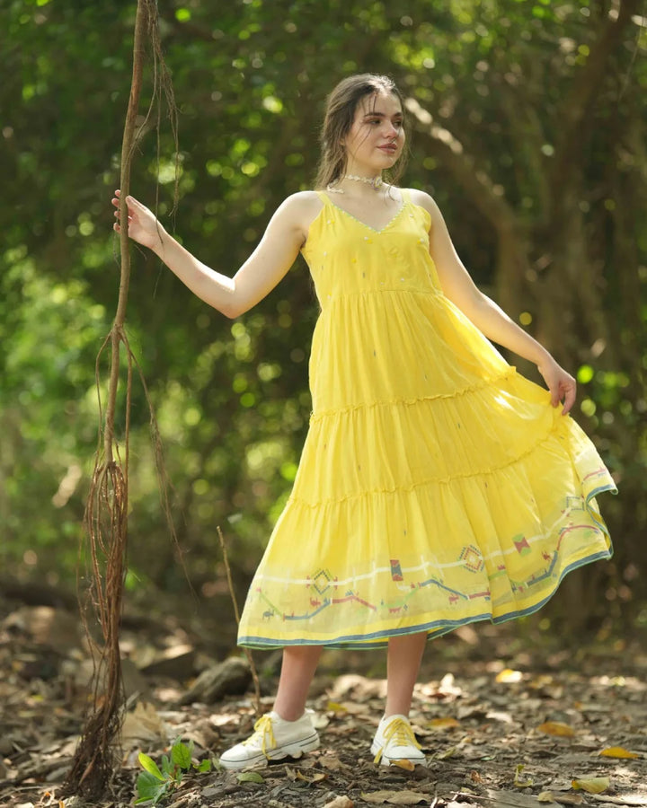Lemon Yellow Pure Cotton Jamdani Strappy Tiered Dress