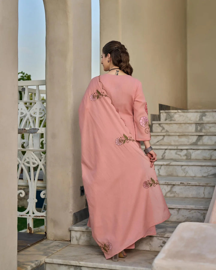 Dusty Pink Floral Embroidered Pleated Semi Anarkali Suit