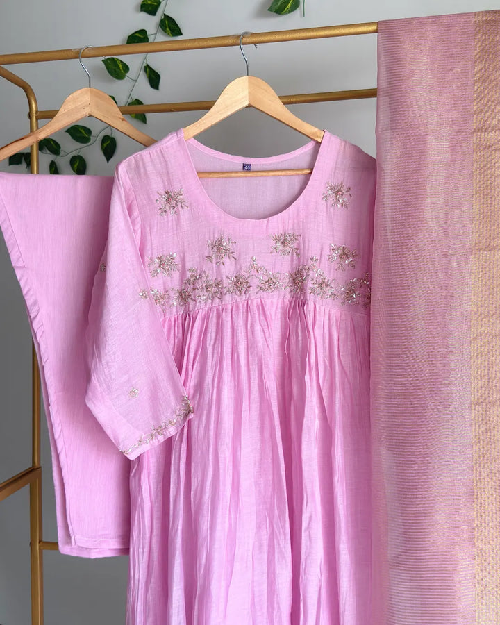 Baby Pink Pure Banaras Chanderi Frock Type A-Line Handworked Suit