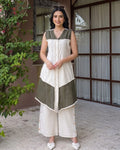 Cream Olive Green Buttoned Flex Cotton Co-ord Set