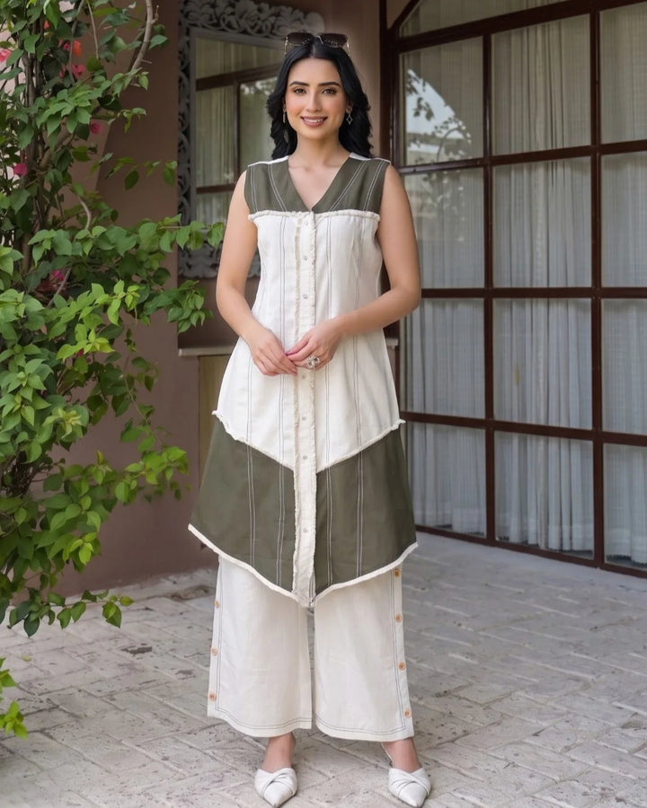 Cream Olive Green Buttoned Flex Cotton Co-ord Set