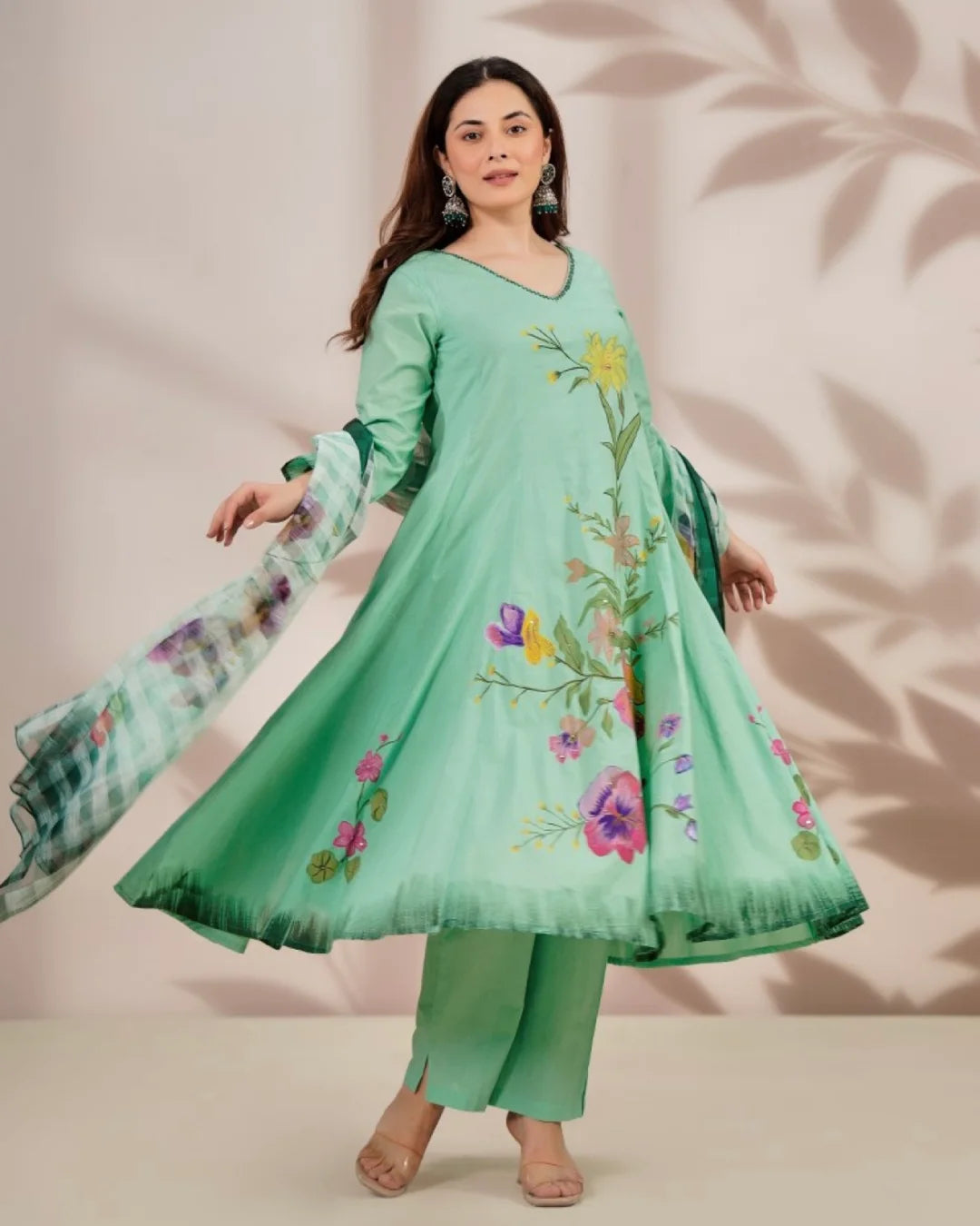 Mint Green Floral Hand Painted Shoulder Anarkali Suit